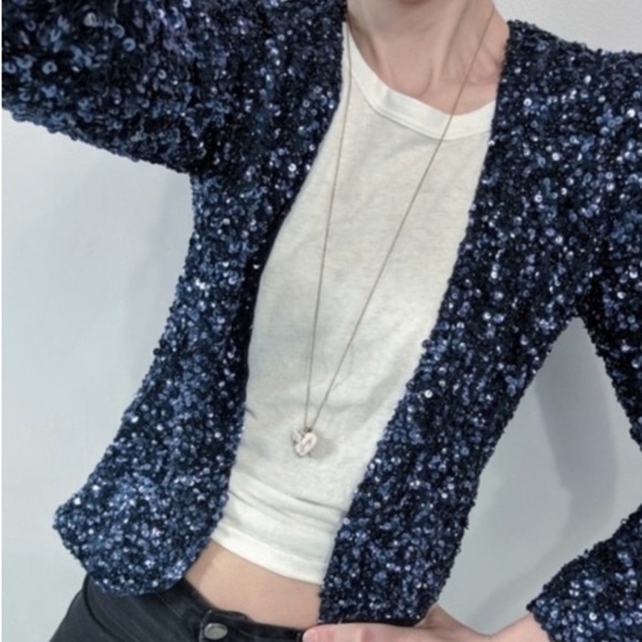 Parker Silk Navy Sequin Open Blazer Fabulous Festive Glam Holiday Evening Jacket - Picture 4 of 14
